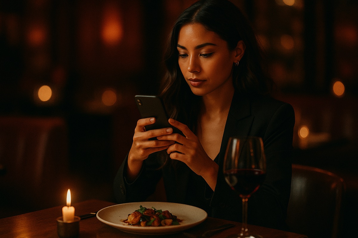 A creator filming a story over a candlelit table at a Los Angeles restaurant