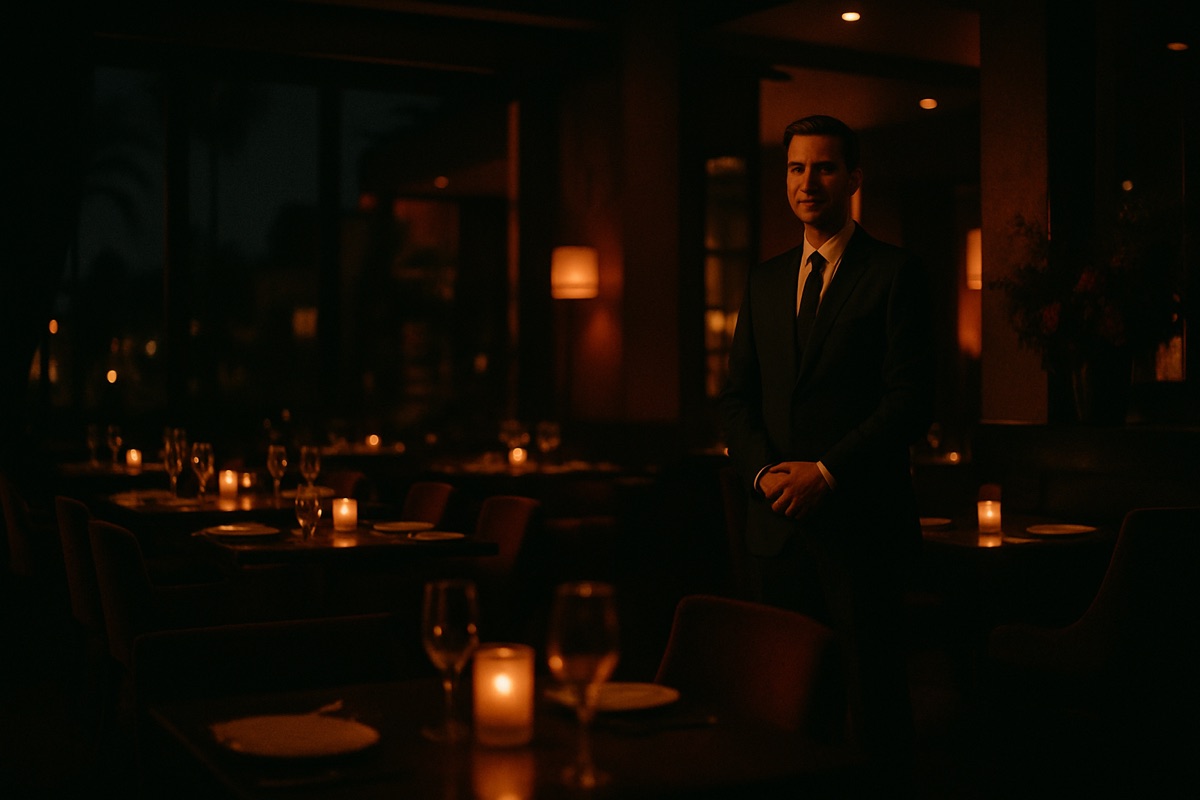 A host welcoming guests at the entrance of a candlelit Los Angeles restaurant